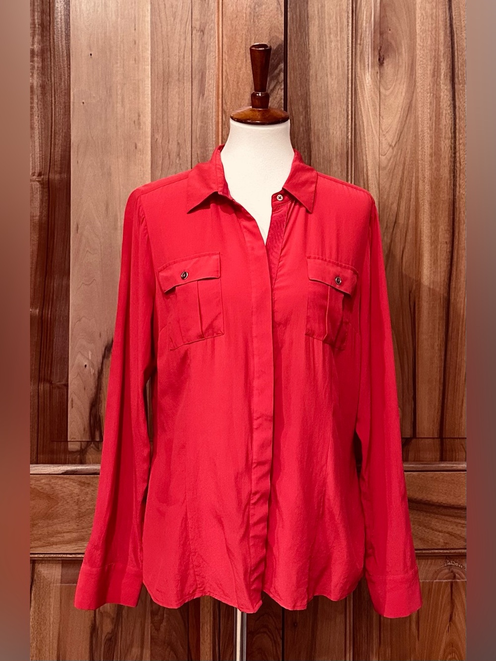 WHBM Silk Vivid Red Button-Down/Silver Buttons at Pockets/Cuffs/Placket, EUC, 14